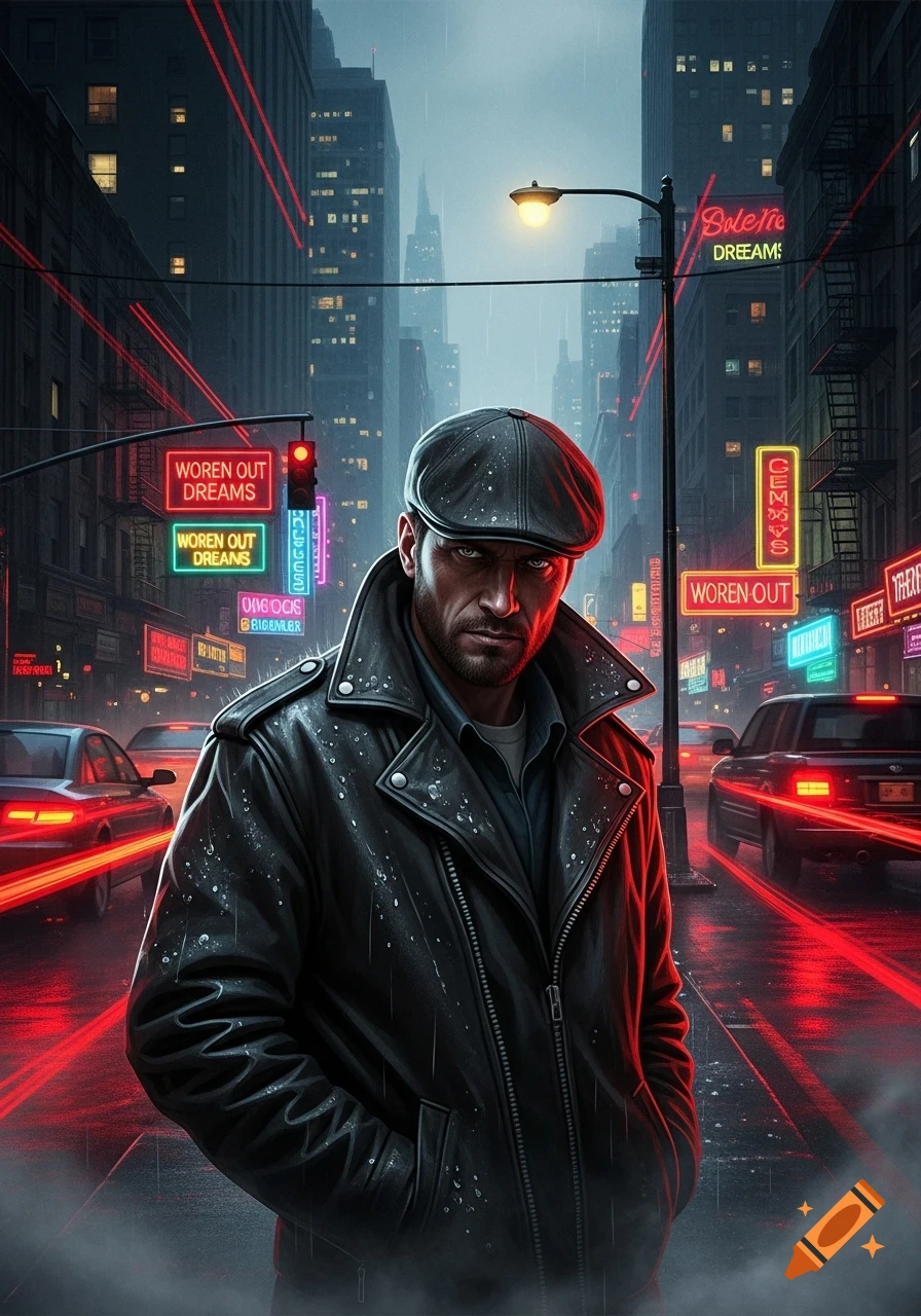 A man in a leather jacket and cap stands on a rainy city street at night, illuminated by neon signs and red light trails from cars.