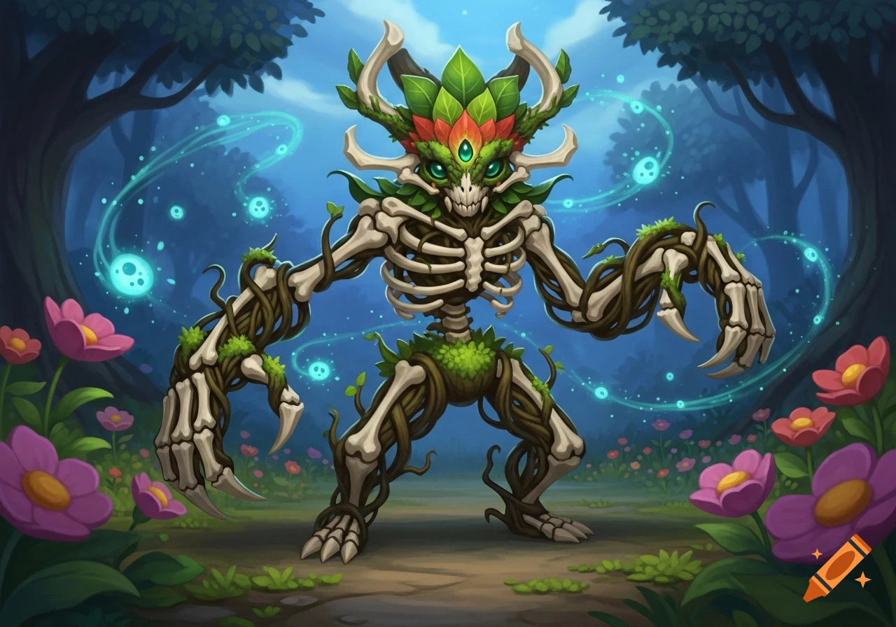 A stylized bone and plant monster with green eyes and horns, stands in a magical forest with glowing blue orbs and purple flowers.