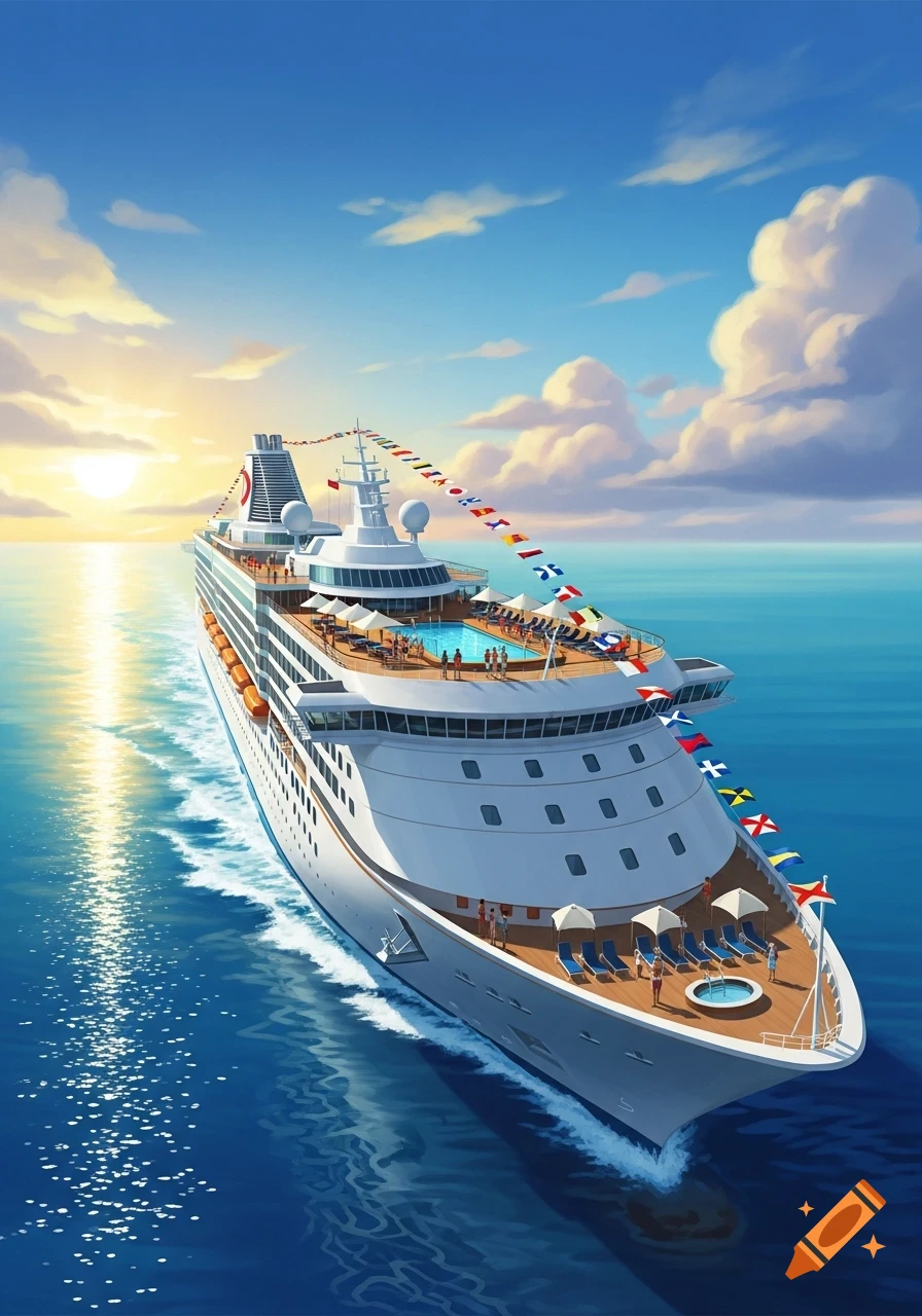 An illustrated cruise ship sails on calm blue water towards a setting sun under a partly cloudy sky, adorned with colorful flags.
