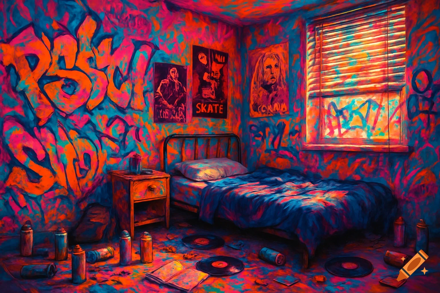 A vibrant, neon-colored bedroom covered in graffiti and posters, with a bed, nightstand, spray paint cans, and vinyl records scattered on the floor.