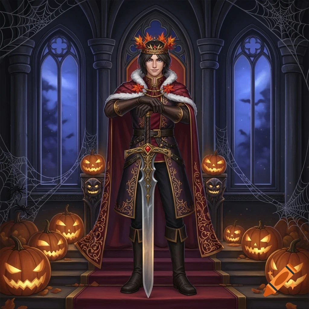 A Halloween King in a regal red and gold outfit, wearing a leaf crown and holding a sword, stands on a grand staircase adorned with glowing jack-o'-lanterns and spiderwebs in a gothic hall.