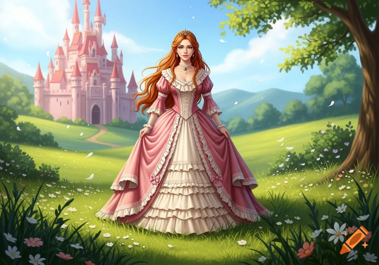 A red-haired princess in a pink Victorian gown stands in a flowery field, with a pink castle behind her.