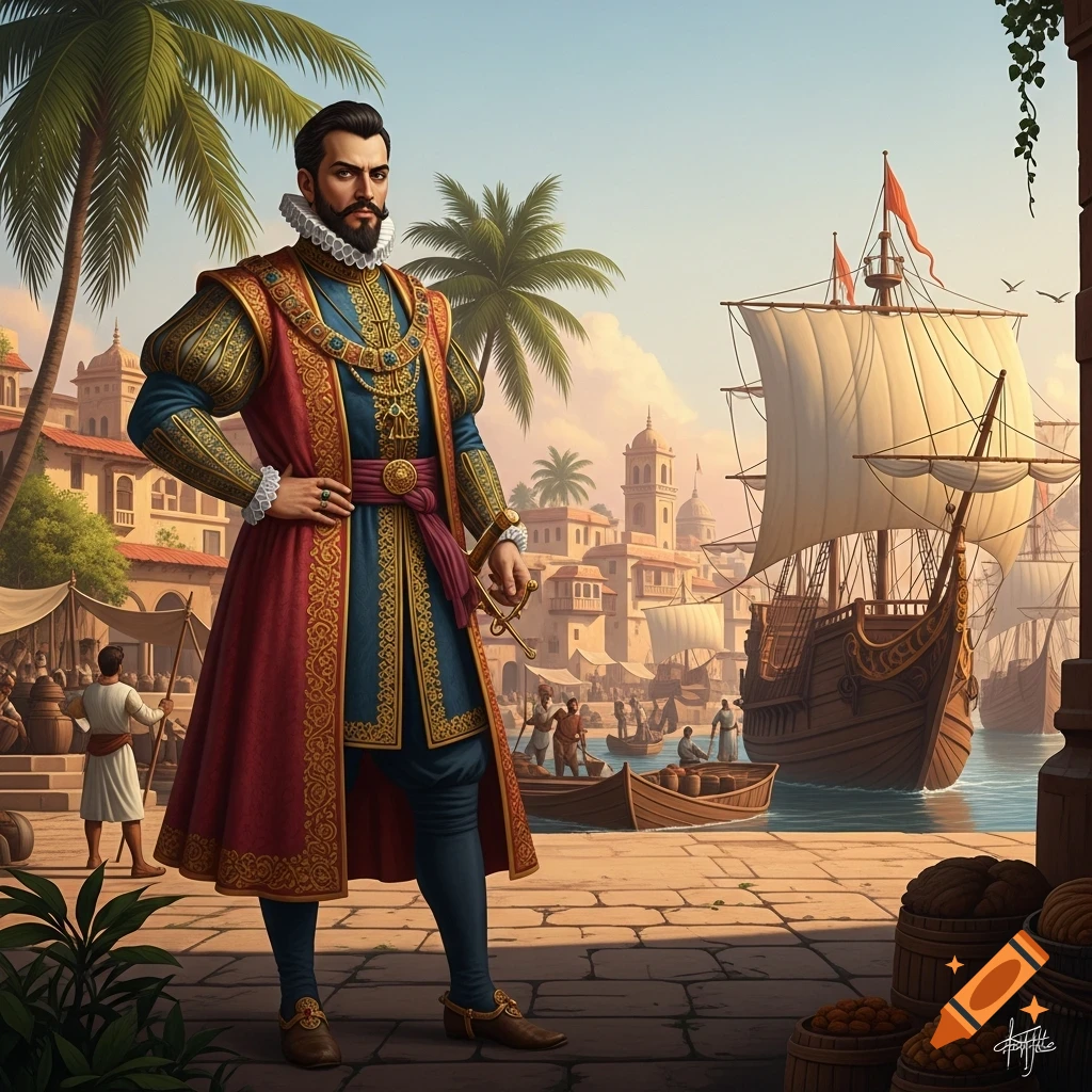 A man in ornate 16th-century attire stands in a bustling Portuguese colonial port with ships and palm trees.