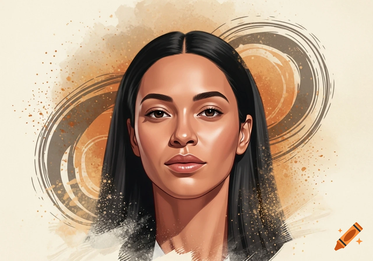 Digital art portrait of a woman with dark hair, a subtle smile, and clear skin against a beige background with orange watercolor splashes and dark swirling lines.