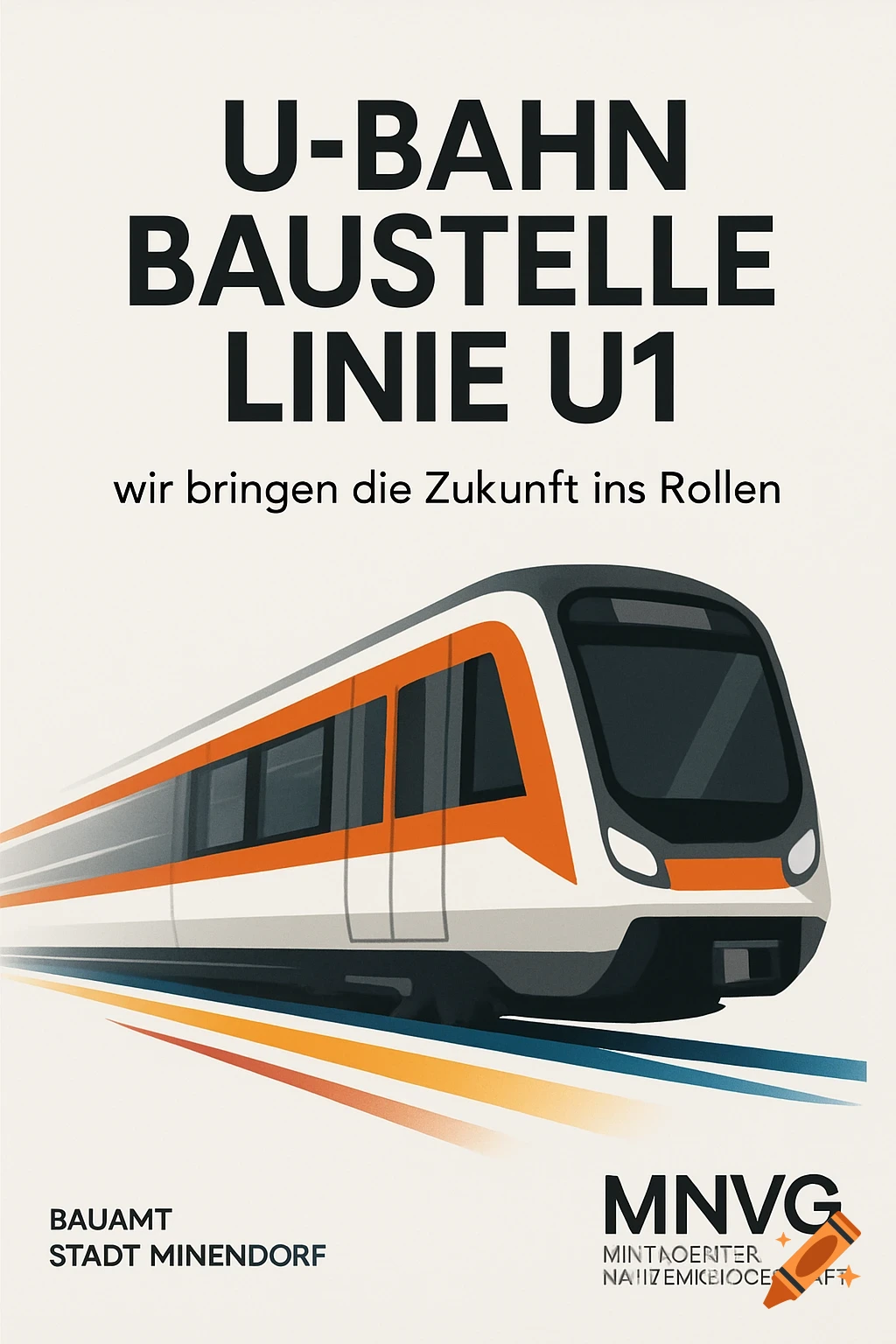 A stylized poster for a U-Bahn construction site, featuring a modern subway train with orange and white colors. Text at the top reads "U-BAHN BAUSTELLE LINIE U1" and "wir bringen die Zukunft ins Rollen".