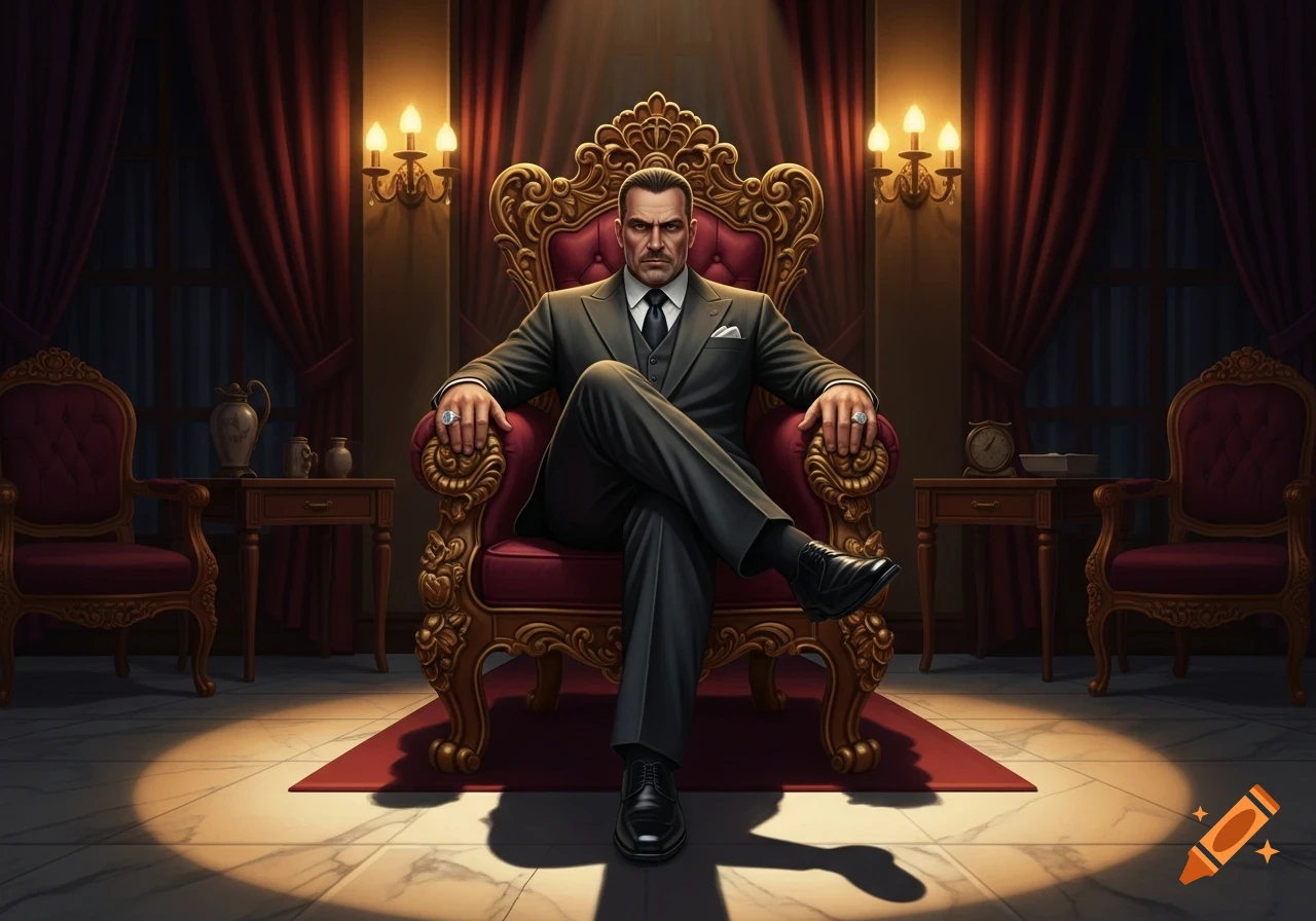 A stern man in a dark suit and rings sits on a golden, red velvet throne in a lavish room with dramatic lighting.