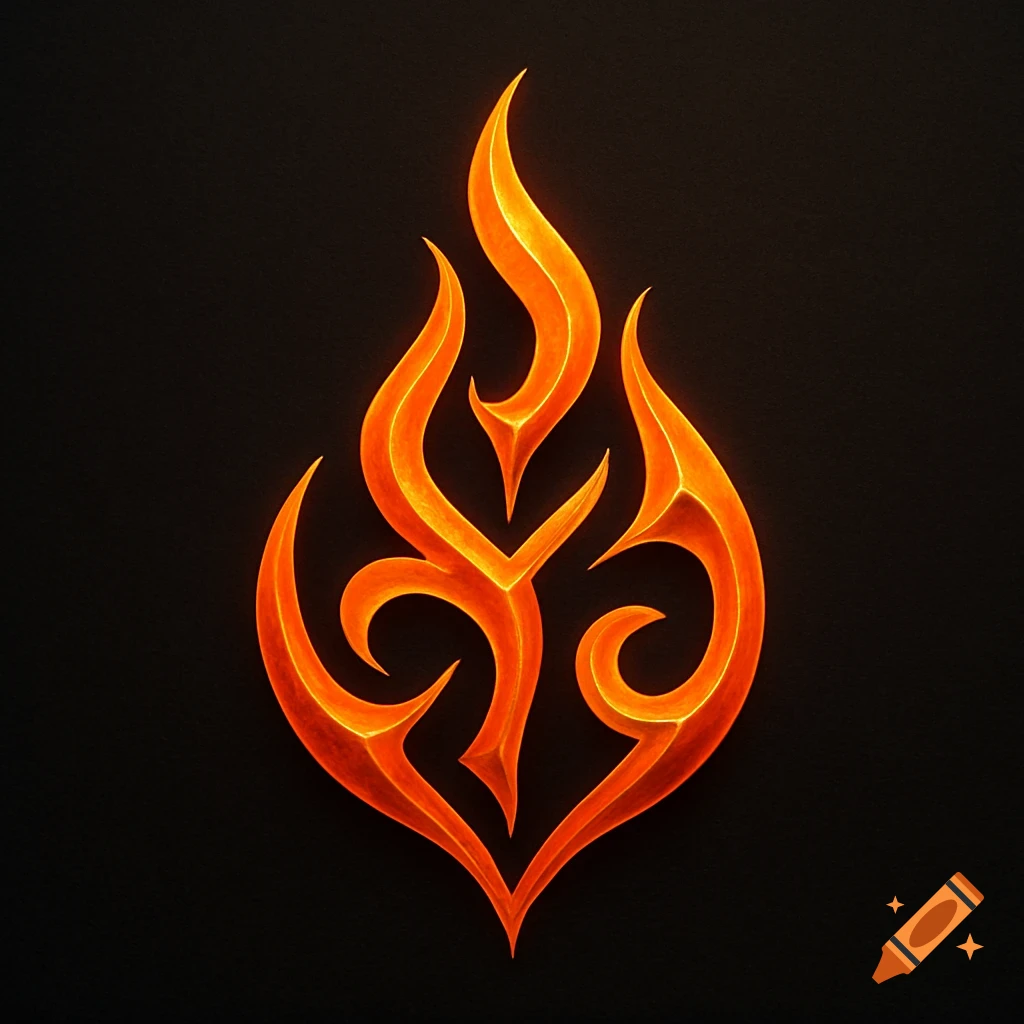 A stylized glowing orange and red fire symbol or logo on a black background.