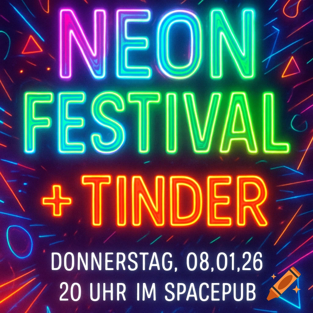 A vibrant neon poster for a Neon Festival + Tinder event, displaying "Donnerstag, 08.01.26, 20 Uhr im Spacepub" in glowing text.