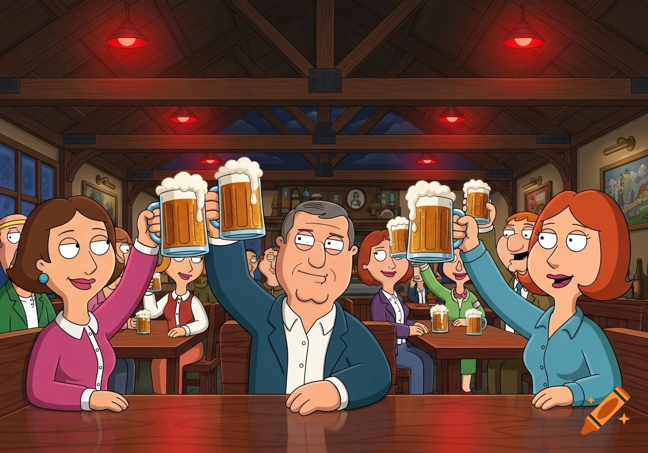 A group of cartoon characters in a dimly lit bar raising beer mugs in a toast.