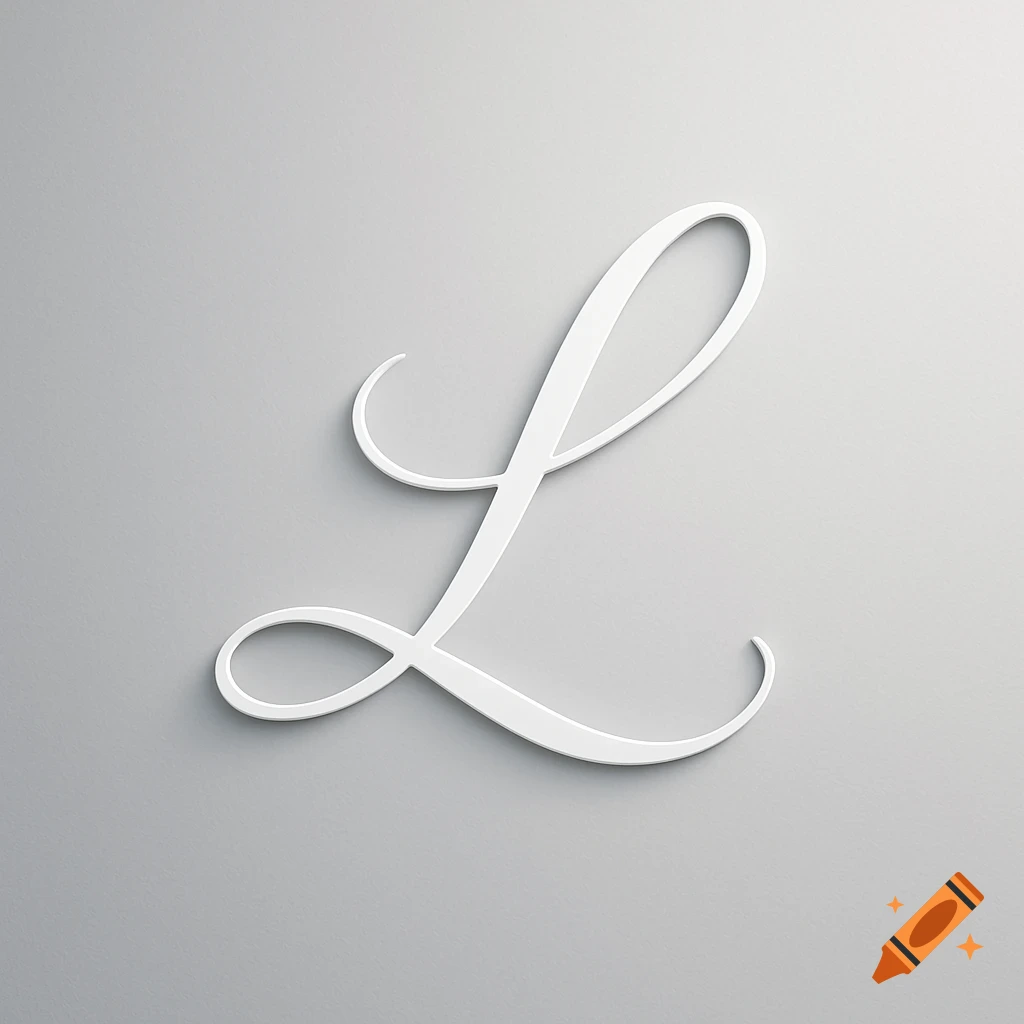 A white, elegant cursive letter 'L' with a subtle shadow, centered on a smooth light gray background.