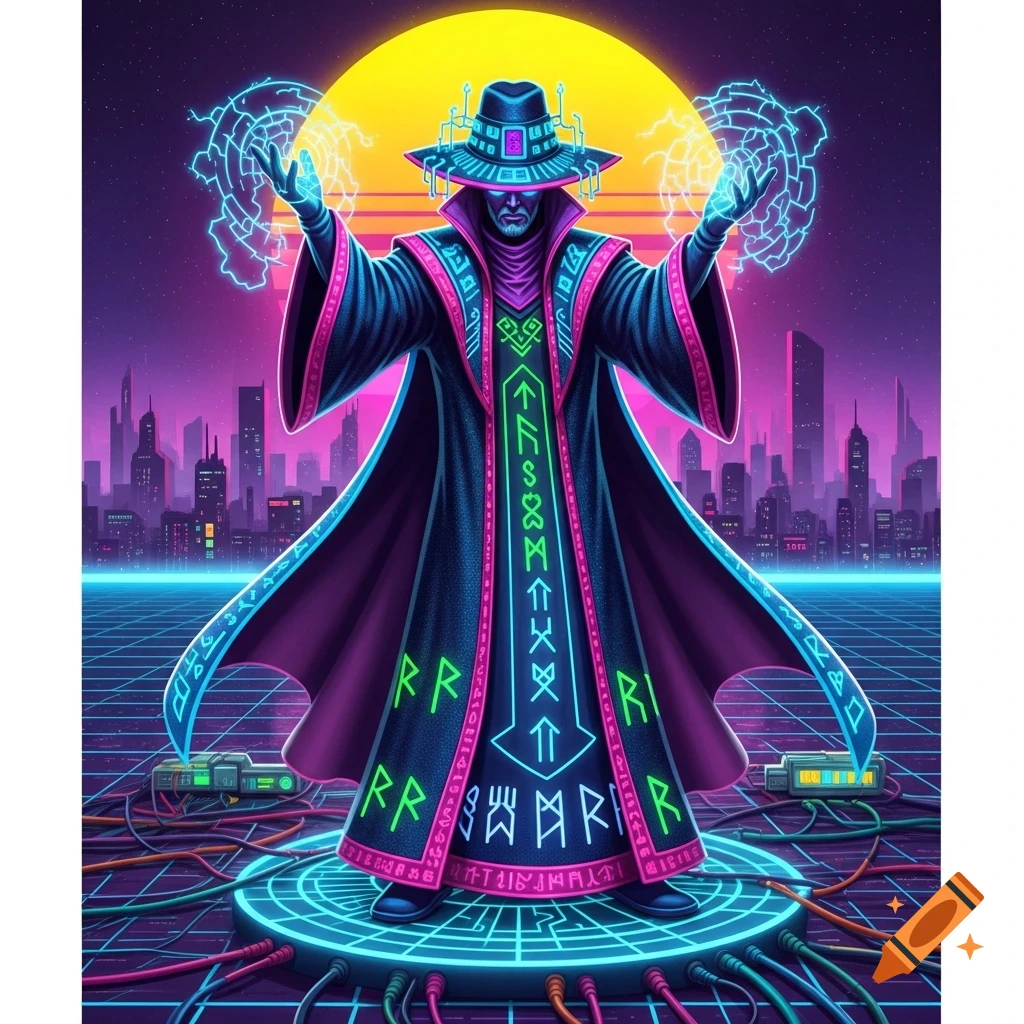 A mysterious technomancer wizard in a black and neon robe casts electric magic in an 80s synthwave cityscape with a large yellow sun.