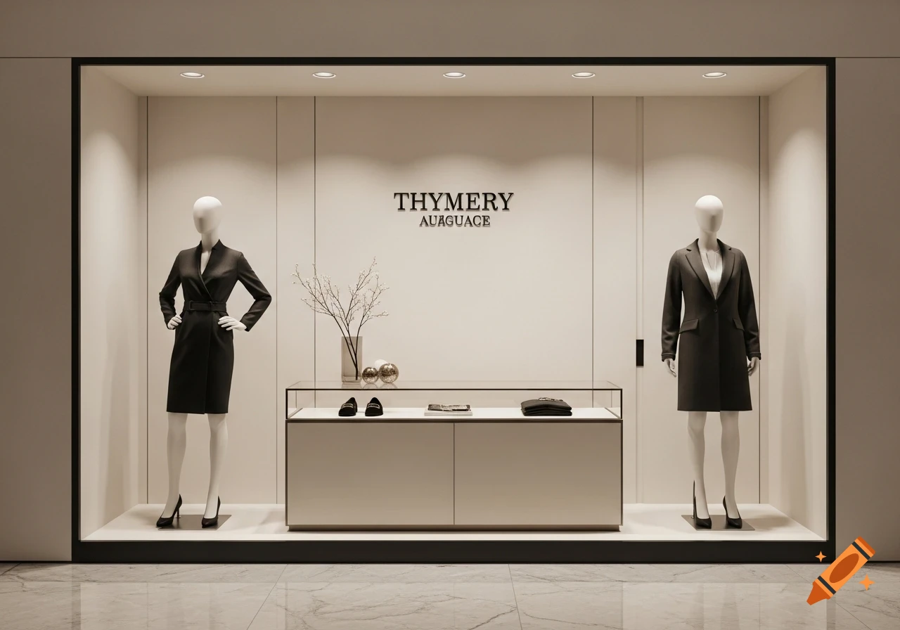 A modern shop window display with two mannequins dressed in black outfits, a central cabinet, and elegant decor.