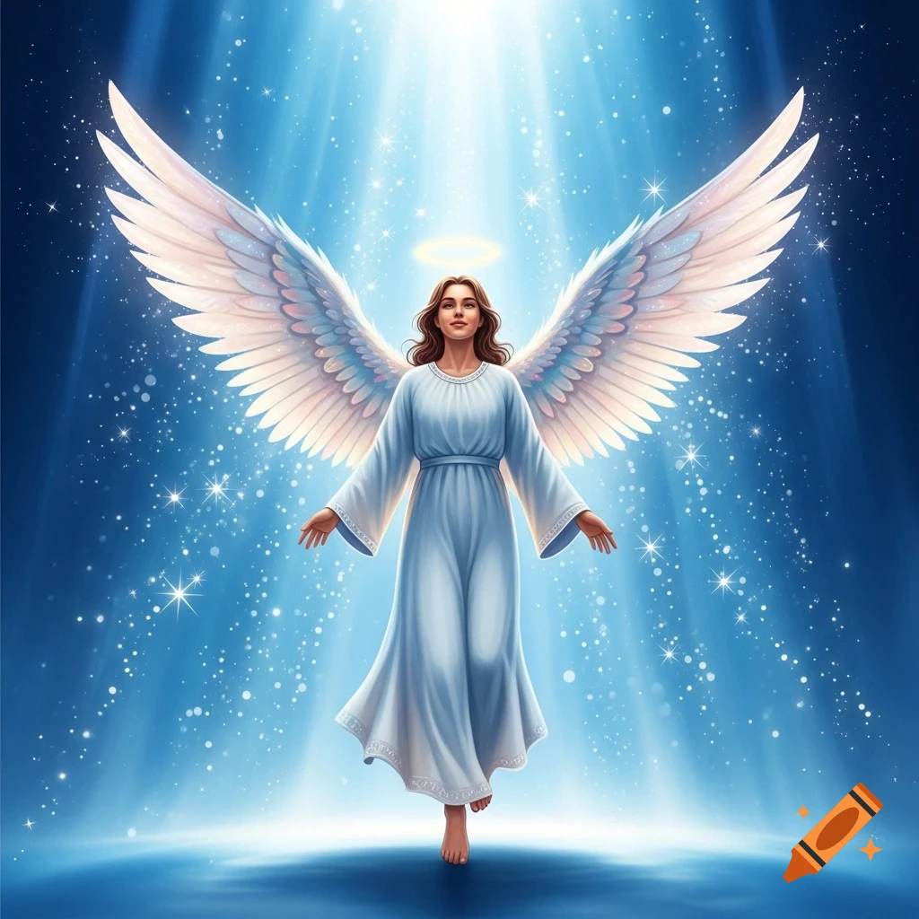A female angel with large white wings, a golden halo, and a light blue gown stands amidst sparkling blue light.