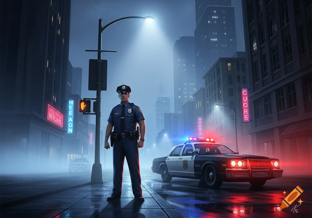 A police officer stands next to a patrol car on a wet city street at night, illuminated by streetlights and neon signs.