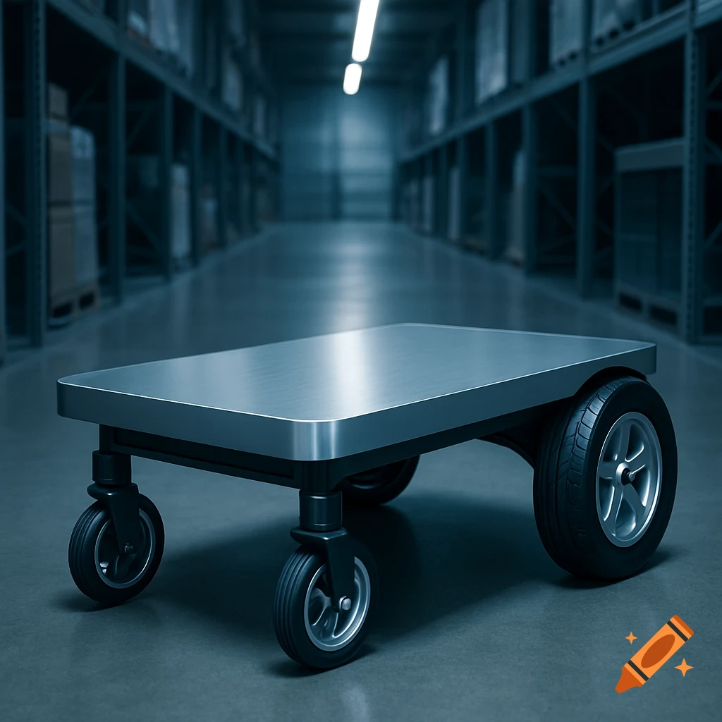 A flat aluminum platform cart with two small front swivel wheels and two larger back wheels stands in a blurry, dimly lit warehouse aisle.