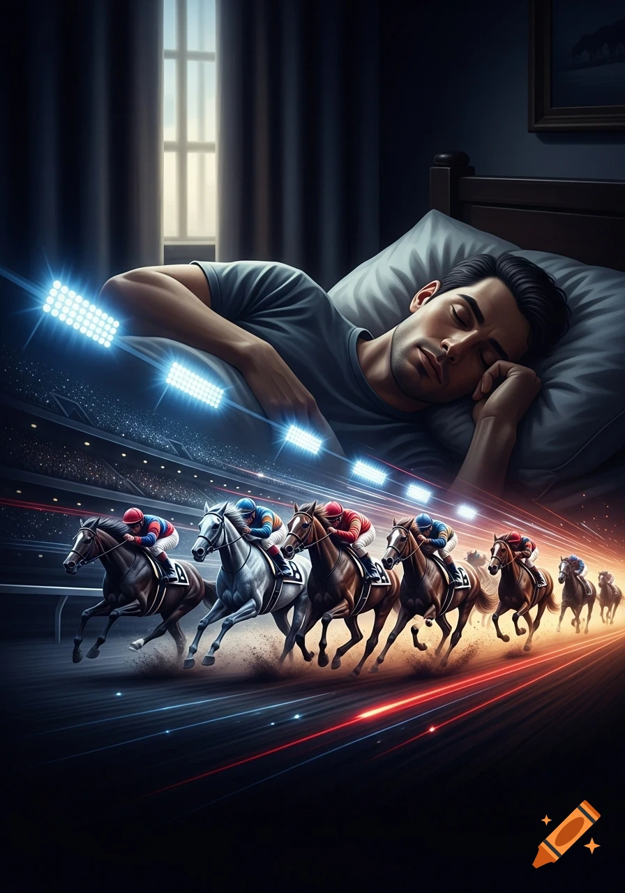 A man sleeps in bed while dreaming of a horse race, with jockeys and horses galloping in a vibrant stadium below him.