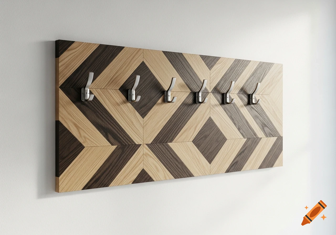 Modern coat rack panel with a geometric pattern of light and dark oak wood, featuring six silver hooks, on a white wall.