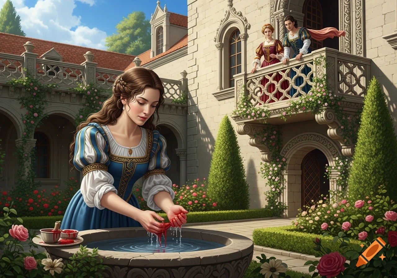 A Renaissance woman in a blue dress washes red paint from her hands in a stone fountain in a castle courtyard, watched by two people on a balcony.
