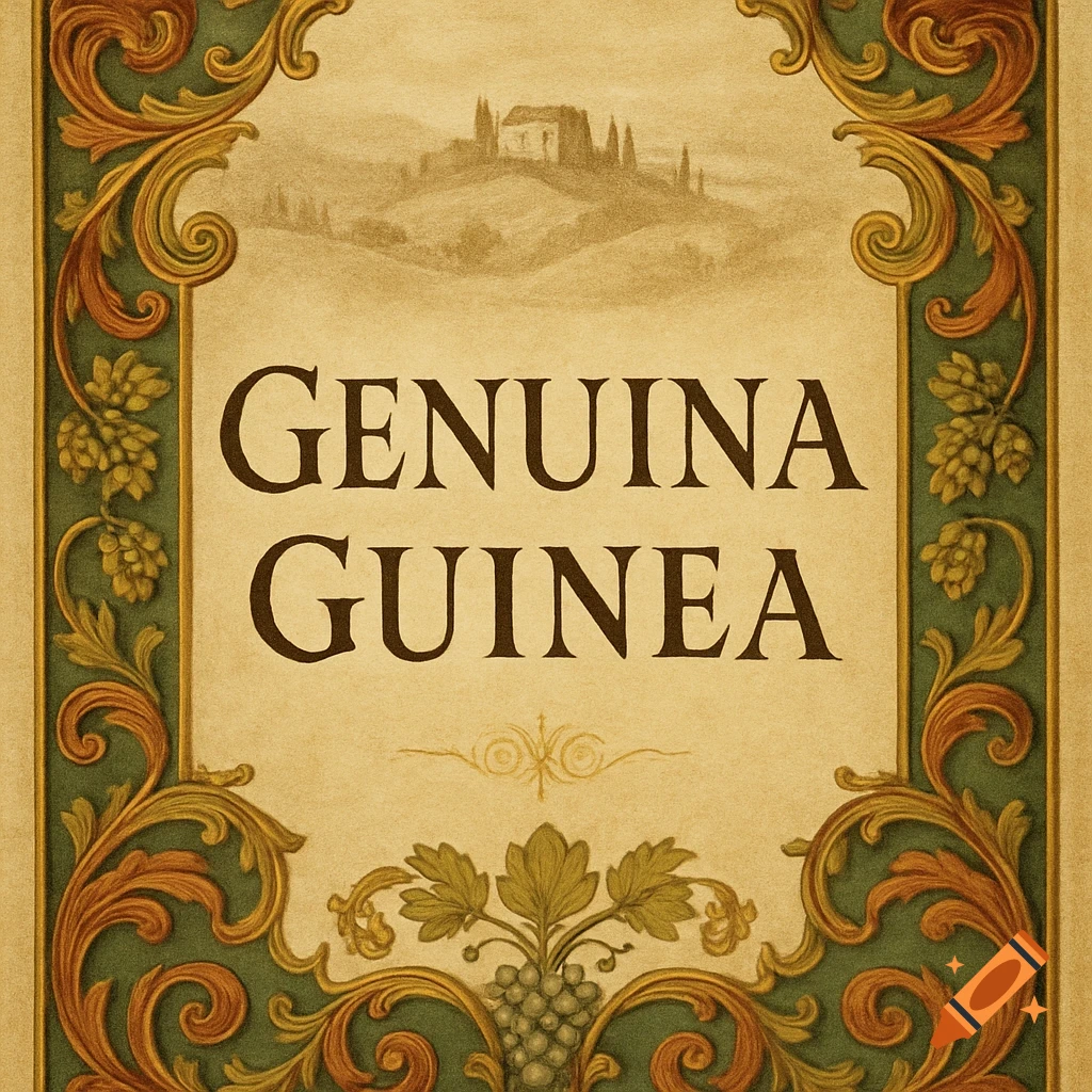 Vintage illustration of an Italian-style certificate with "GENUINA GUINEA" text, ornate borders, grapevines, and a Tuscan landscape.