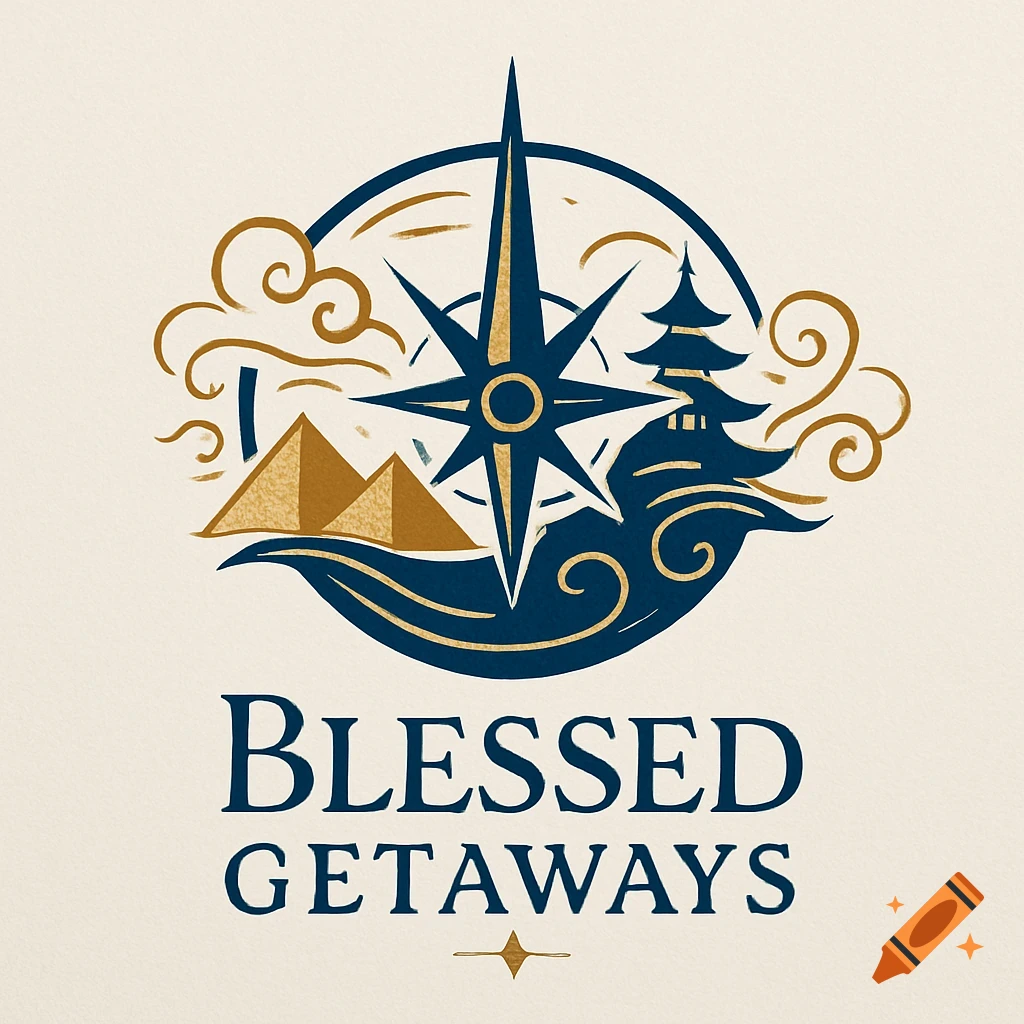Stylized logo for Blessed Getaways featuring a compass rose, pyramids, and a pagoda in blue and gold on a cream background.