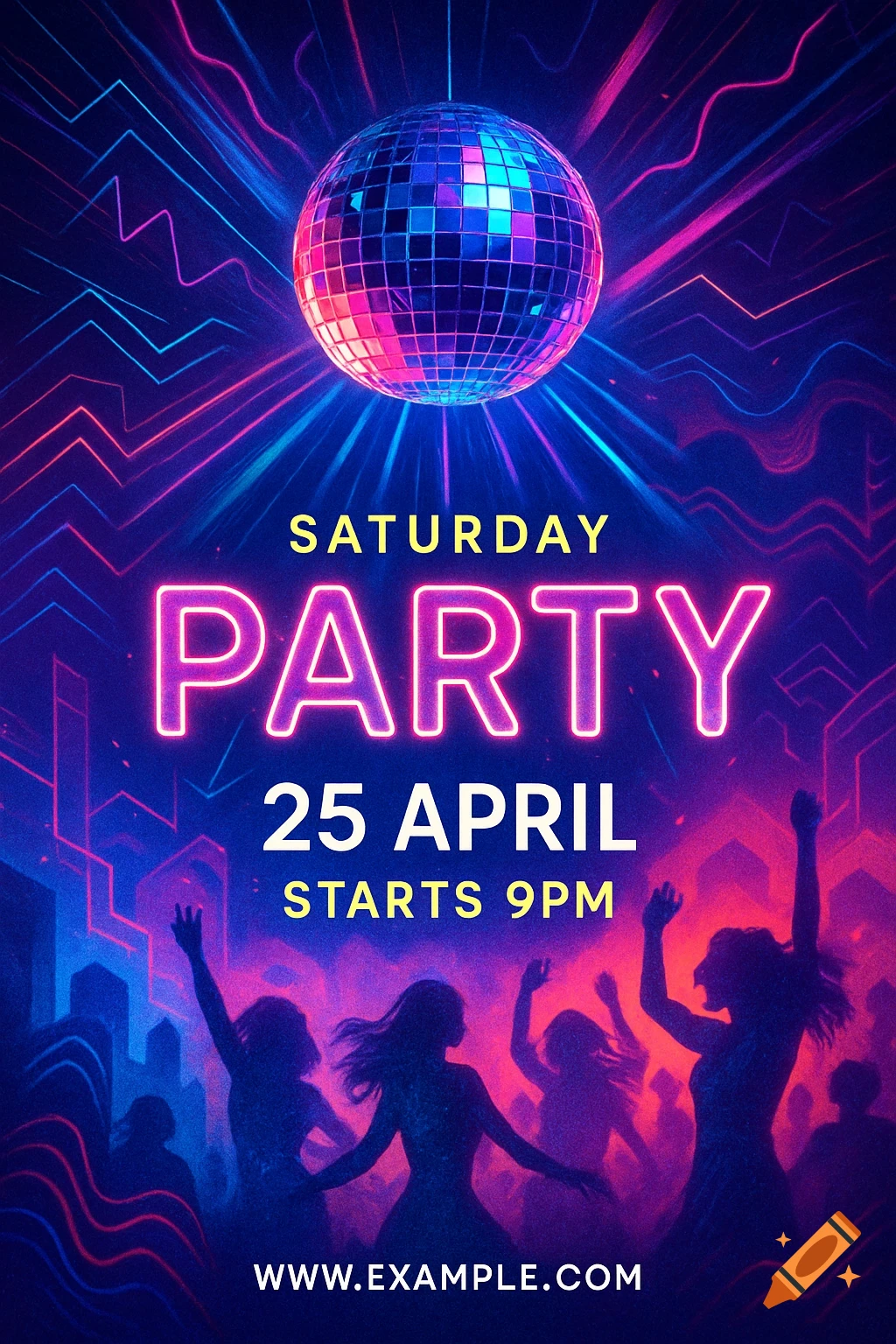 Vibrant party flyer with a disco ball, neon lights, and silhouettes of dancing people, advertising a Saturday event.