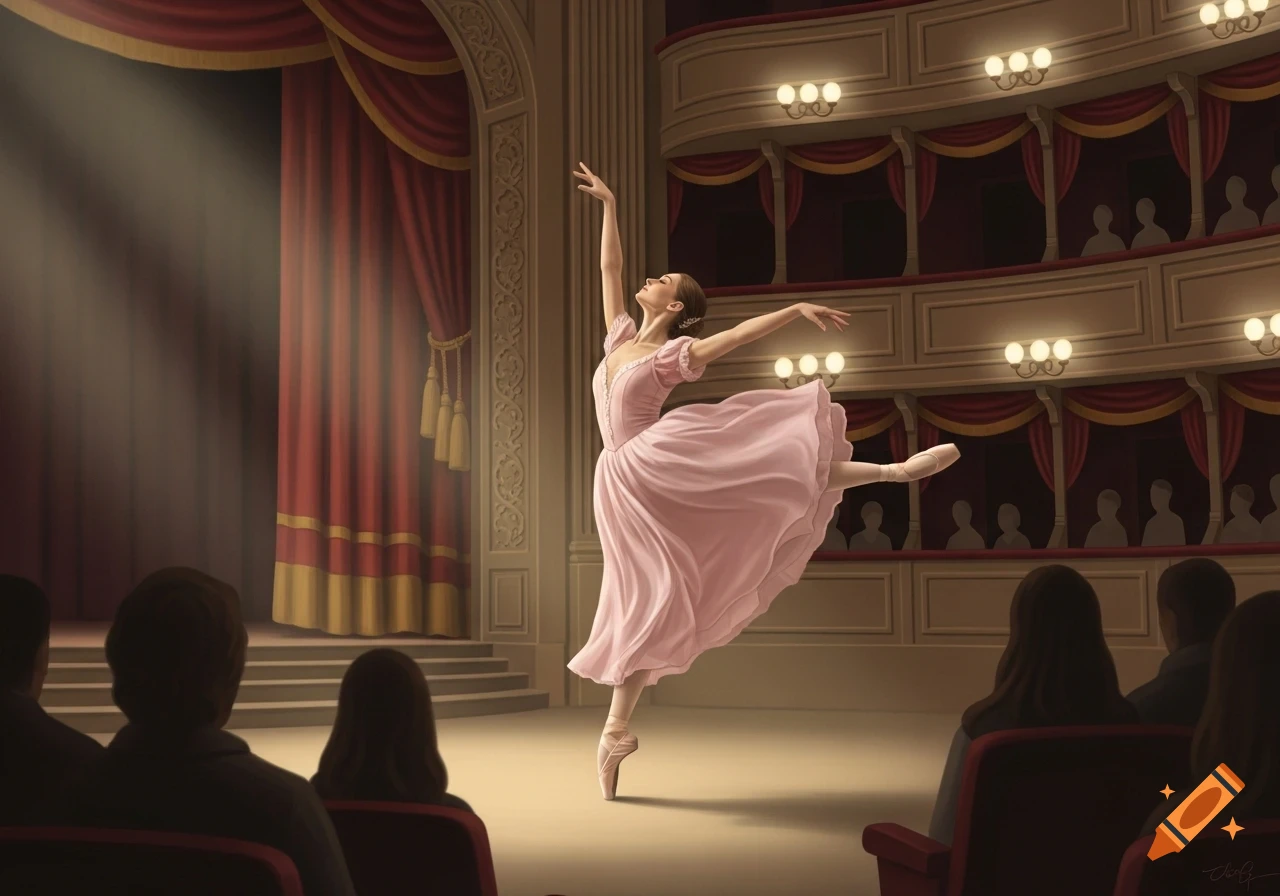 A ballerina in a pink dress dances gracefully on stage under a spotlight, in front of an audience in a theatre.
