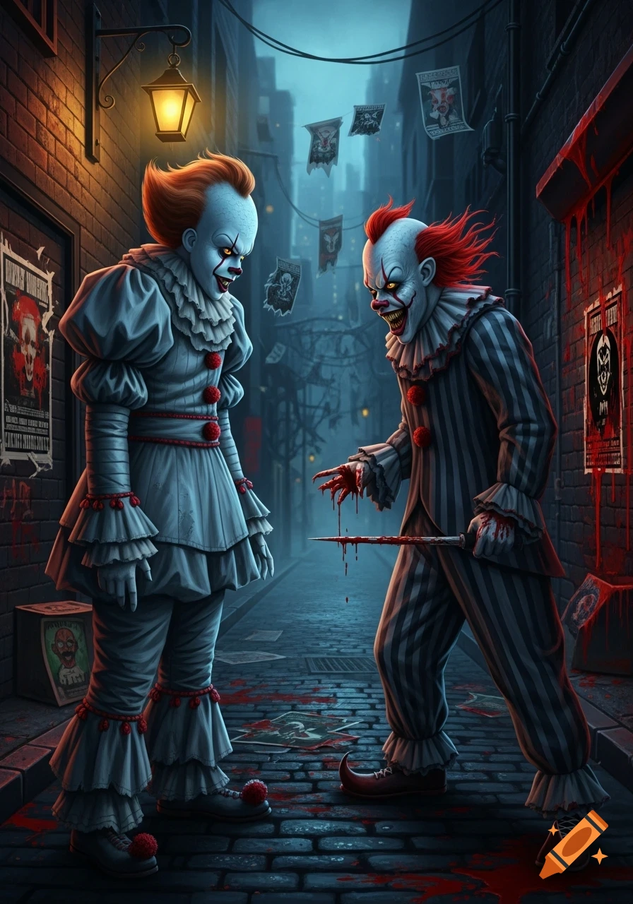Two evil clowns, one with a bloody knife, face each other in a dark, blood-splattered alley at night.