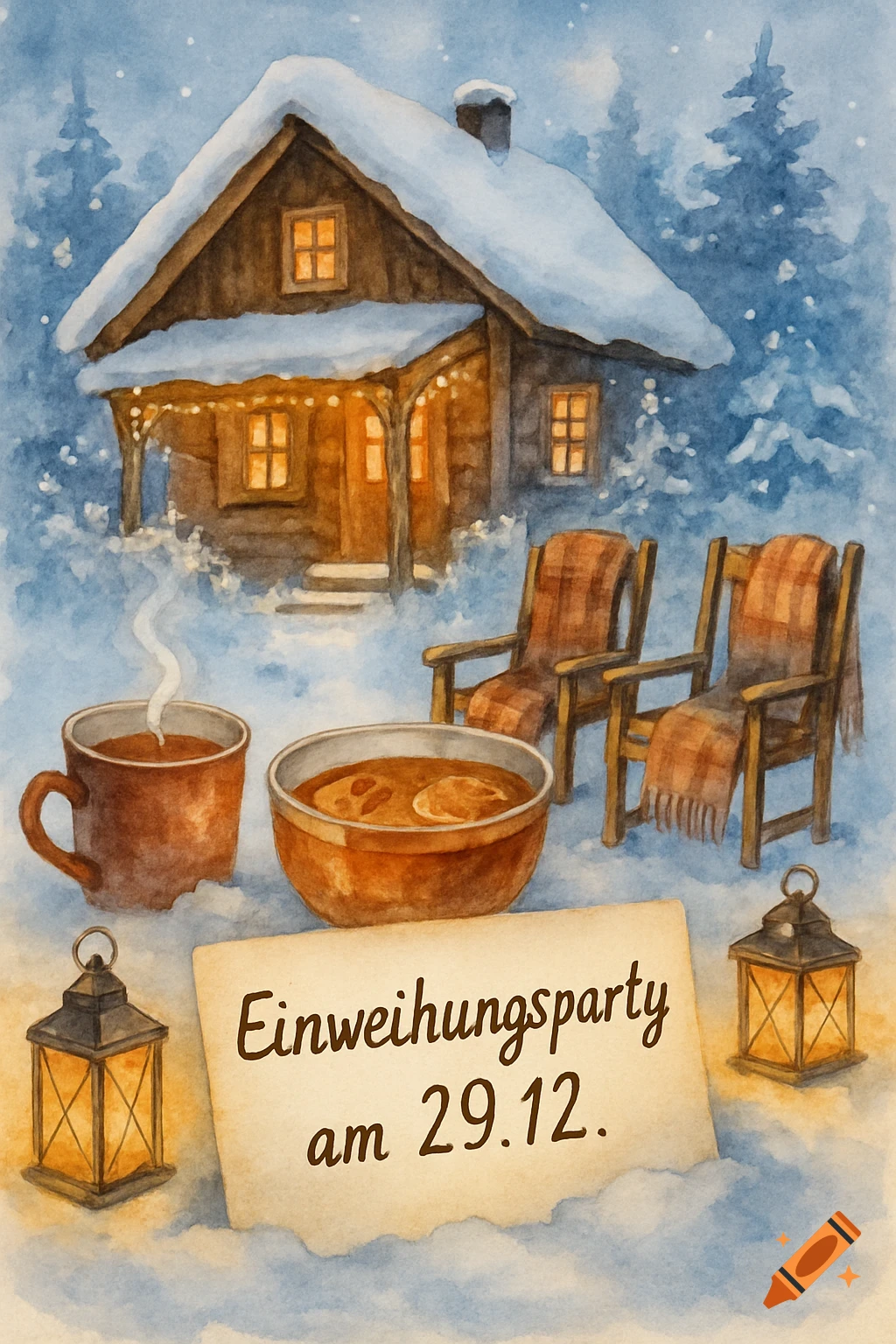 A watercolor illustration of a snowy winter scene with a cozy cabin, steaming drinks, and a note reading 'Einweihungsparty am 29.12.'