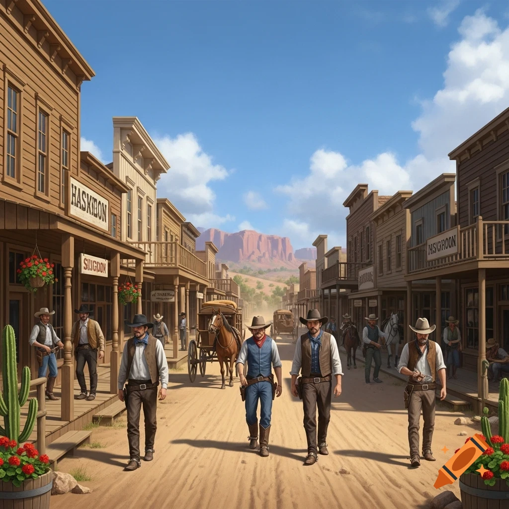 A vibrant Western town street scene with cowboys walking, wooden buildings, and distant mountains under a blue sky.