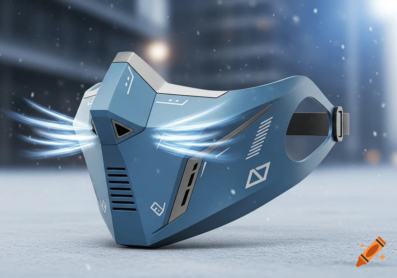 Photorealistic render of a futuristic blue and gray winter mask with glowing side vents, sitting on a snowy surface.