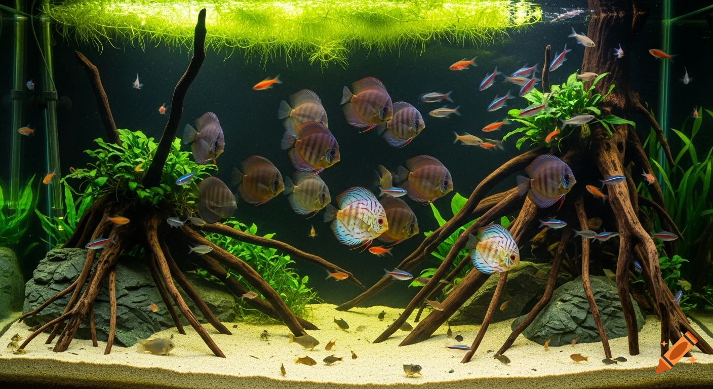 A highly detailed, photorealistic view of a large Amazonian aquarium with discus fish, cardinal tetras, driftwood, and aquatic plants.