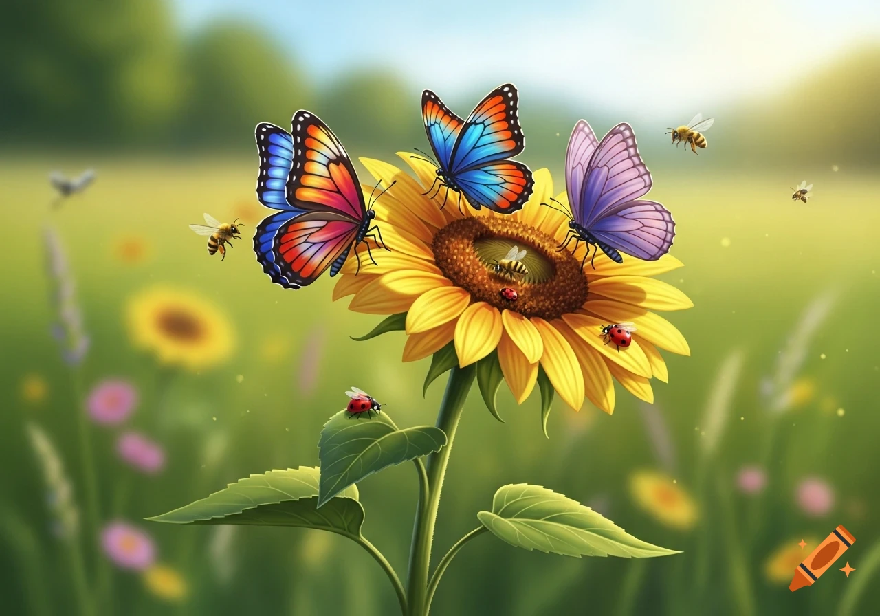 Vibrant butterflies, bees, and ladybugs on a yellow sunflower in a sunny field.