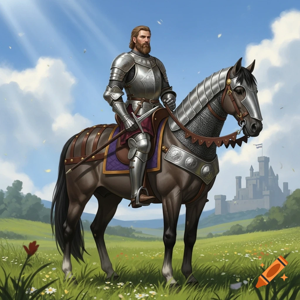 A bearded knight in shining armor rides an armored horse through a ...