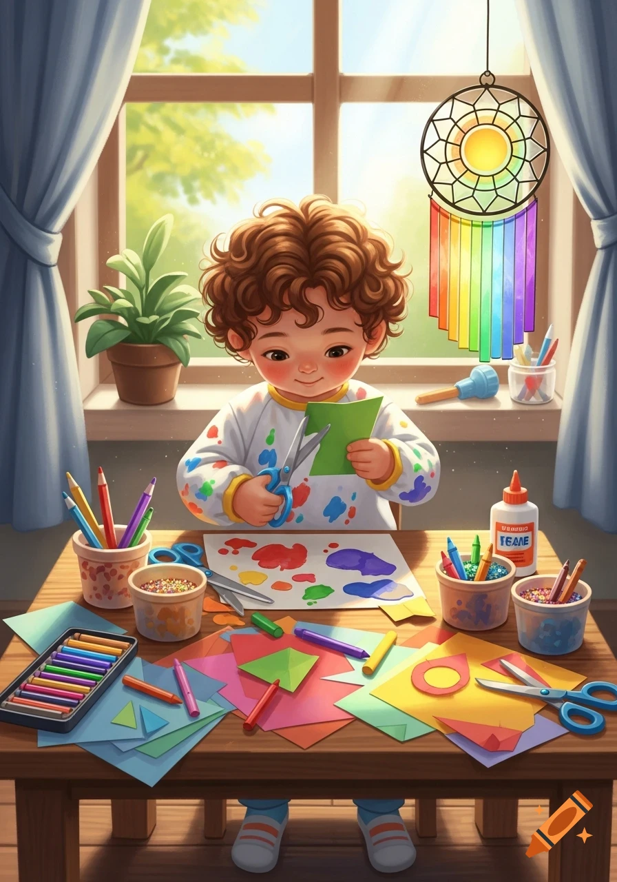 A young child with curly hair doing arts and crafts at a table full of colorful papers, crayons, and scissors, in a bright room.