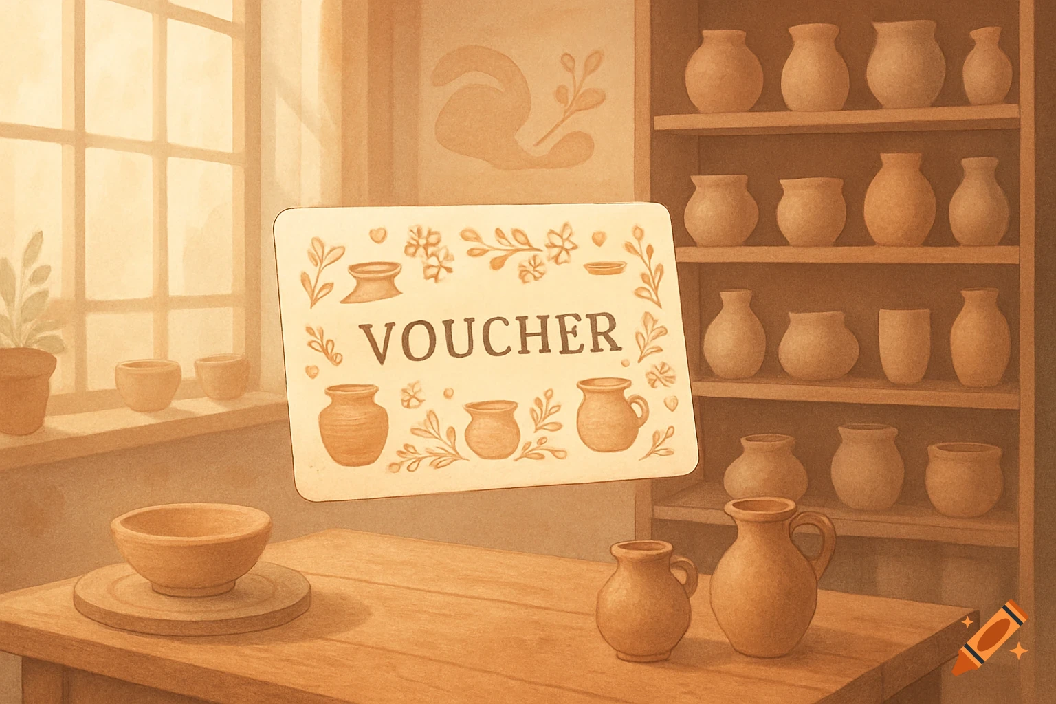 A sepia-toned illustration of a pottery workshop with shelves of pots and a voucher floating above a wooden table.