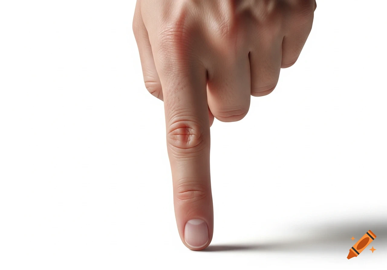 A photorealistic close-up of a human hand with the index finger pointing straight down on a white background.