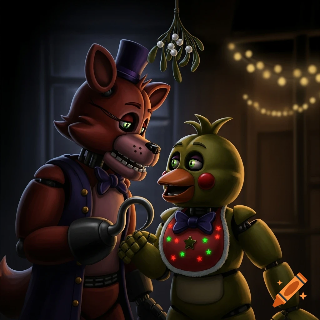Digital art of animatronics Foxy and Chica from Five Nights at Freddy's looking at each other under a mistletoe, with festive string lights in the background.