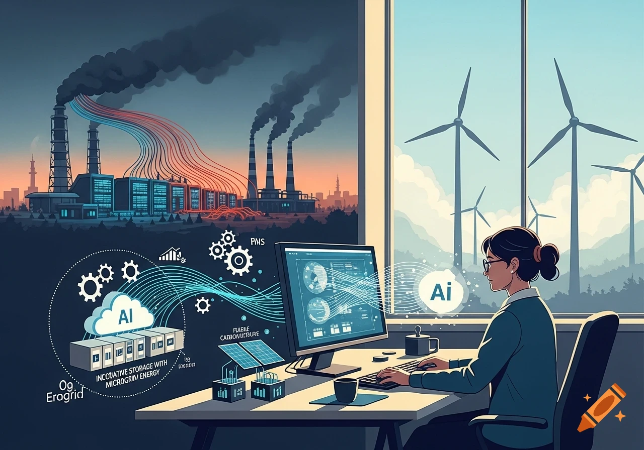 An illustration of a woman working on a computer with a view of wind turbines, while energy flows from polluting factories to data centers in the background, symbolizing environmental impact and AI solutions.