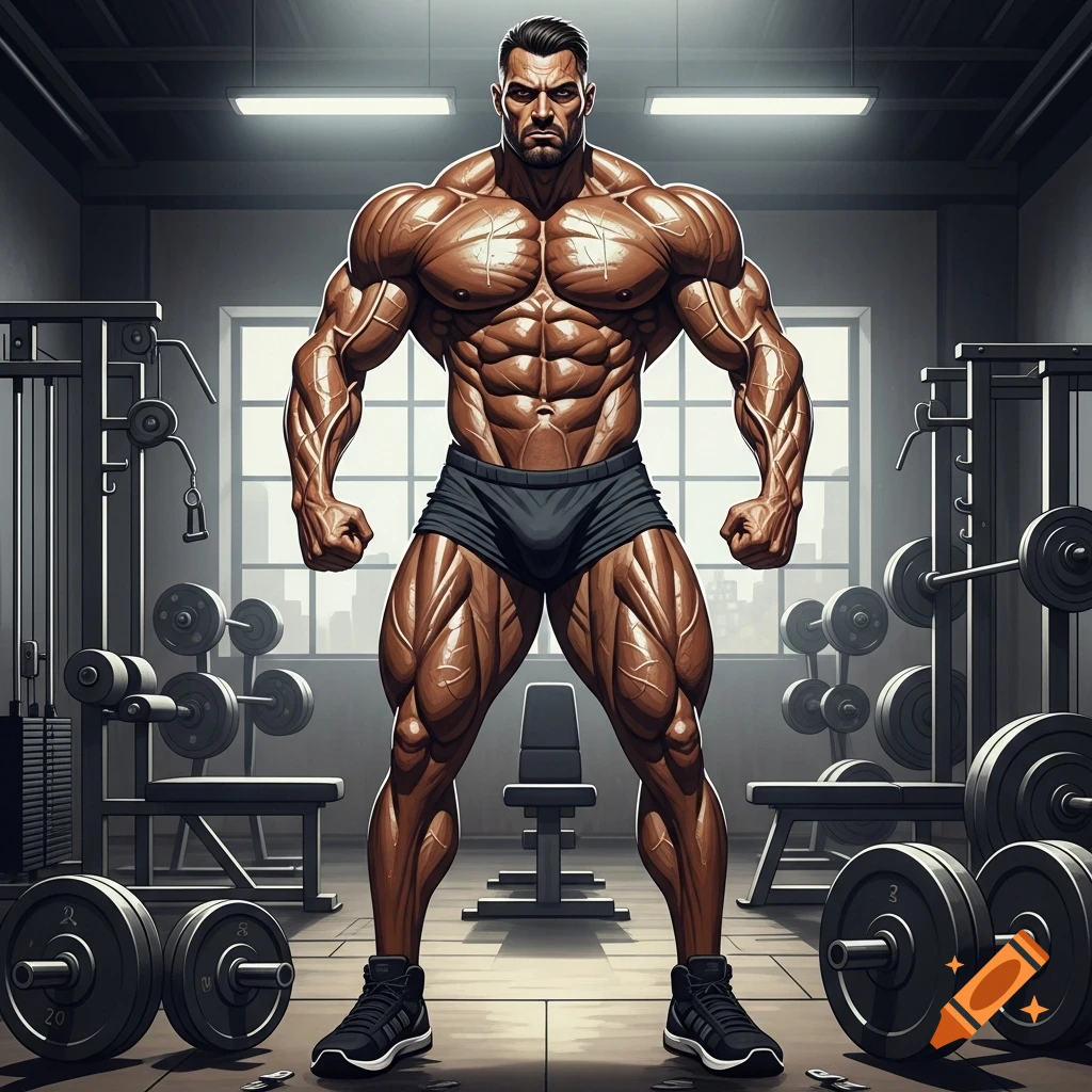 A highly muscular bodybuilder in black shorts poses powerfully in a well-lit gym filled with workout equipment.
