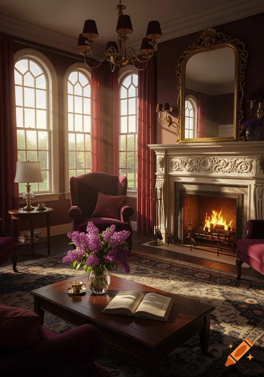 A luxurious living room with a fireplace, three tall arched windows, deep red curtains, and an antique gold mirror. Sunlight streams onto a coffee table with a book and purple flowers, surrounded by velvet armchairs.