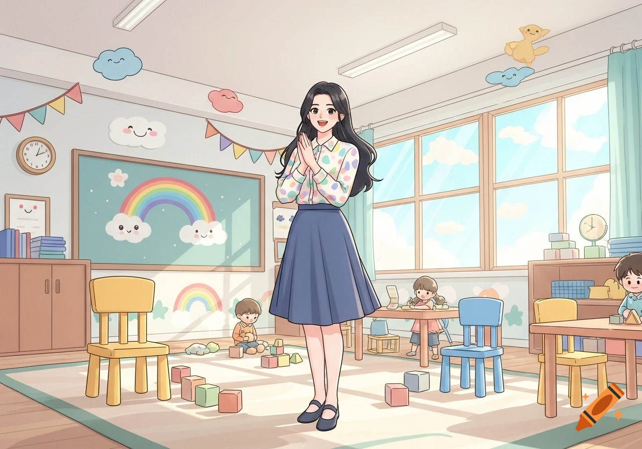 Cartoon image of a smiling young teacher in a bright kindergarten classroom with playing children and colorful decorations.