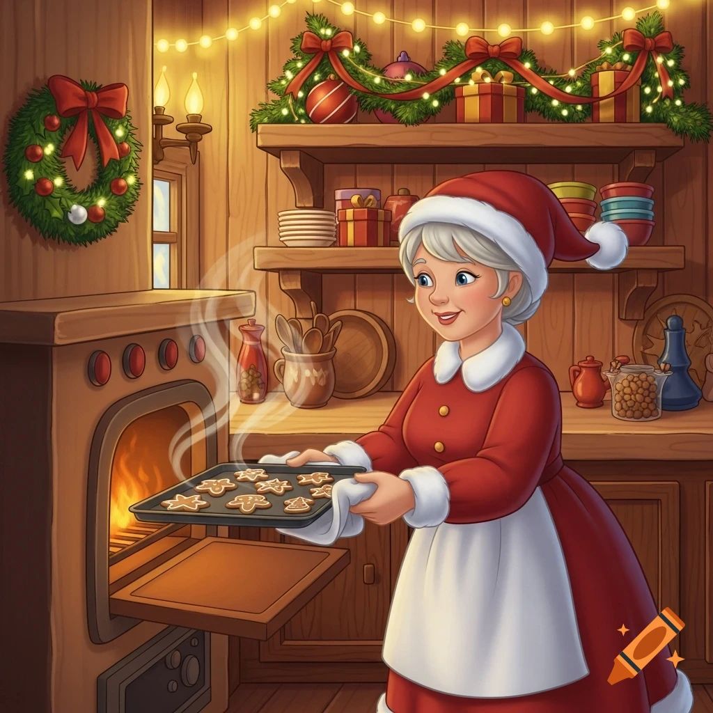 Cartoon Mrs. Claus in a festive kitchen, pulling a tray of gingerbread cookies from a glowing oven.