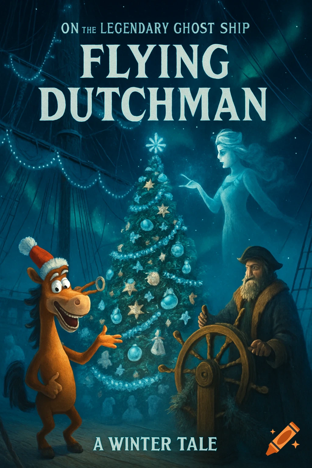 A festive illustrated scene on the Flying Dutchman with a cartoon horse, ghost woman, and captain around a Christmas tree under aurora borealis.
