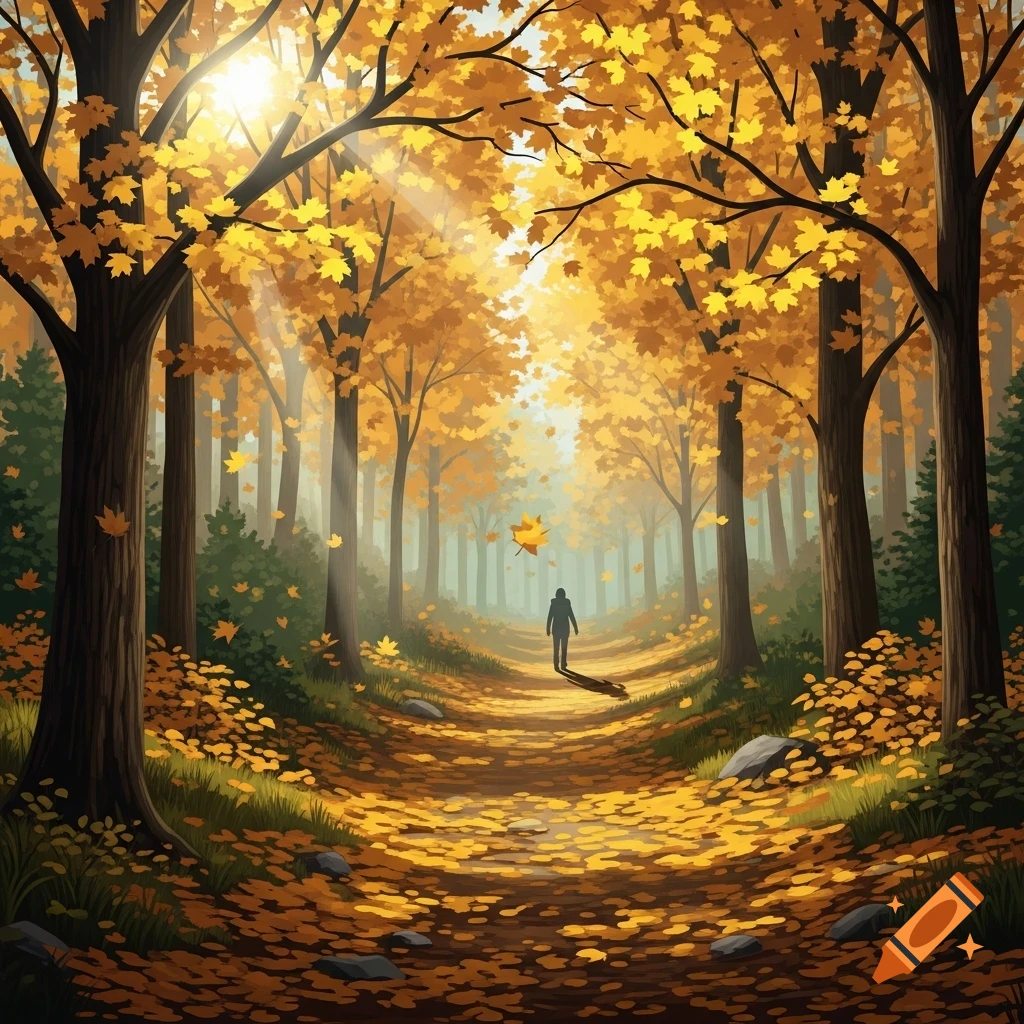 A person walks down a sunlit path covered in golden autumn leaves ...