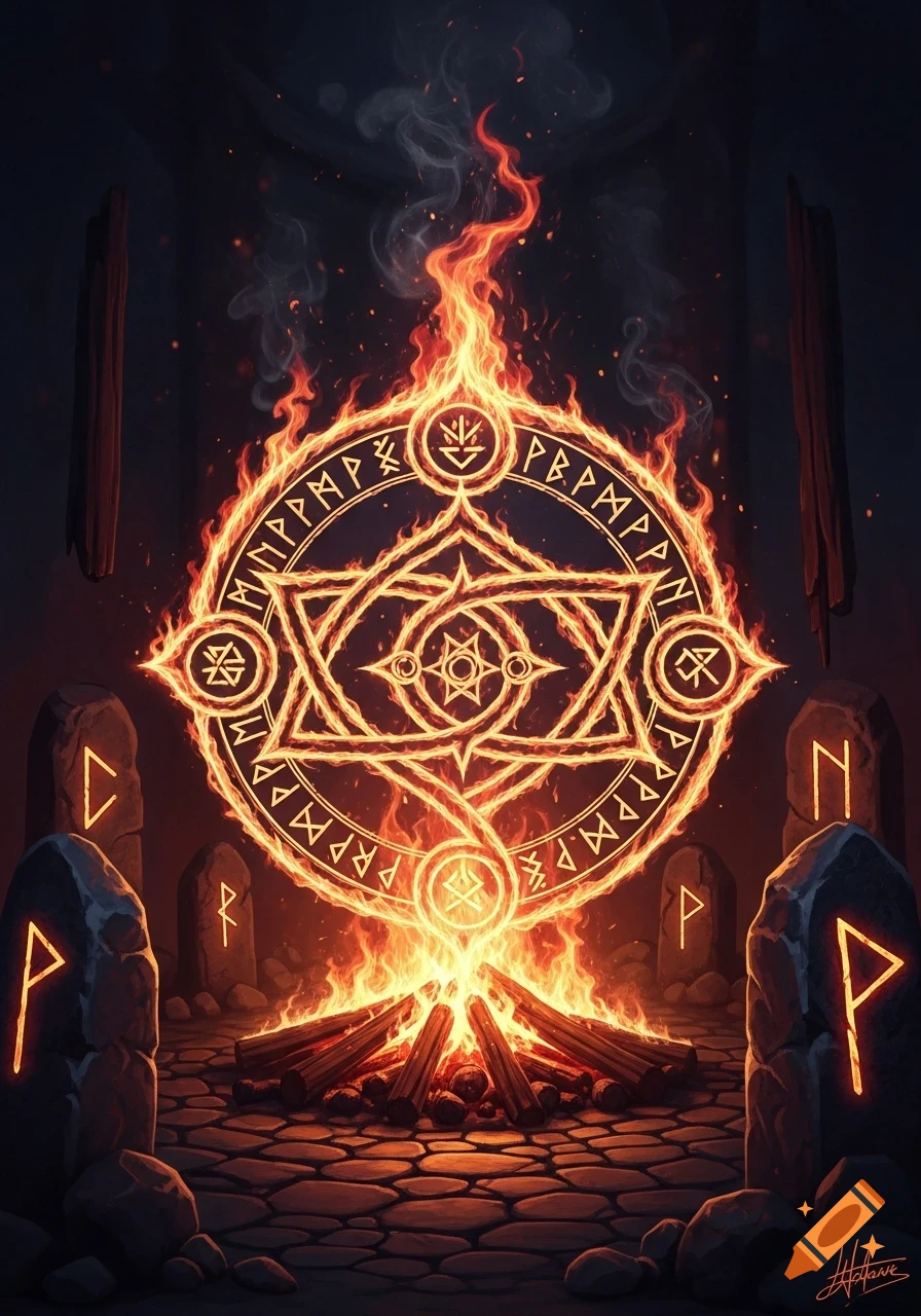 A fiery, glowing ritual symbol with runic script suspended above a bonfire on stone ground, surrounded by runestones.