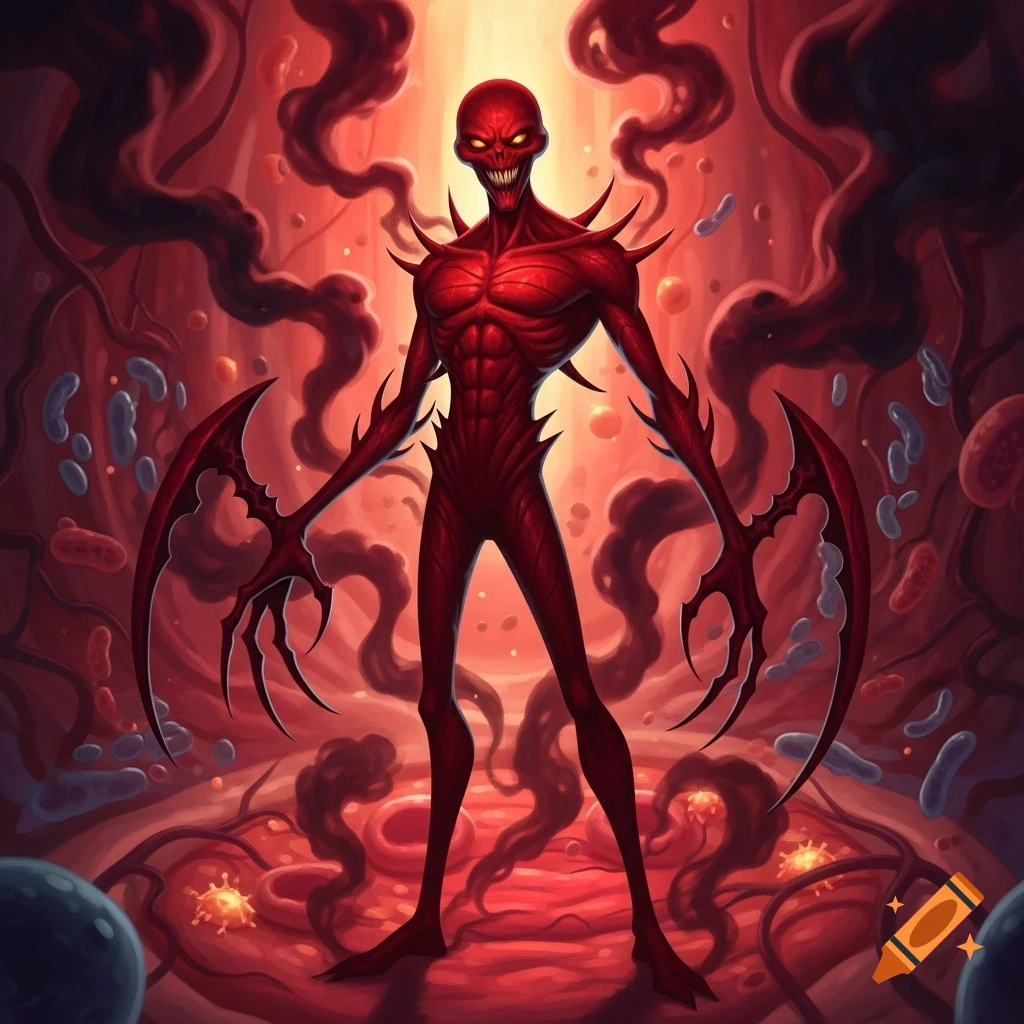 A red, spiky, skeletal monster with glowing eyes and blade-like hands stands in a vibrant red biological environment with cells.