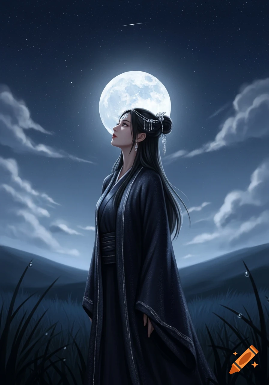 An illustration of a woman in dark traditional attire with ornate hairpins, looking up at a bright full moon in a night field.