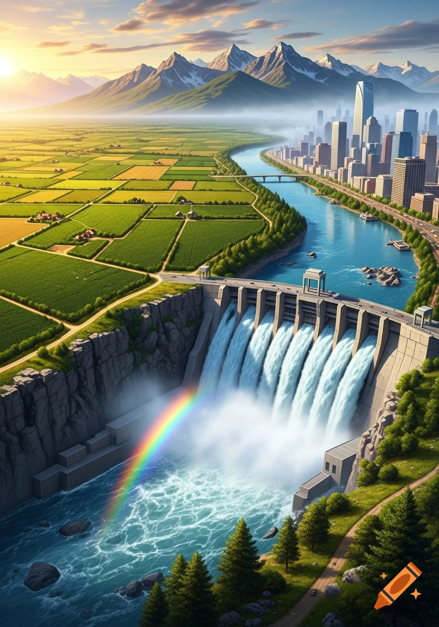 Aerial view of a massive dam releasing water, forming a rainbow, flanked by a city skyline and green croplands, with mountains in the distance.