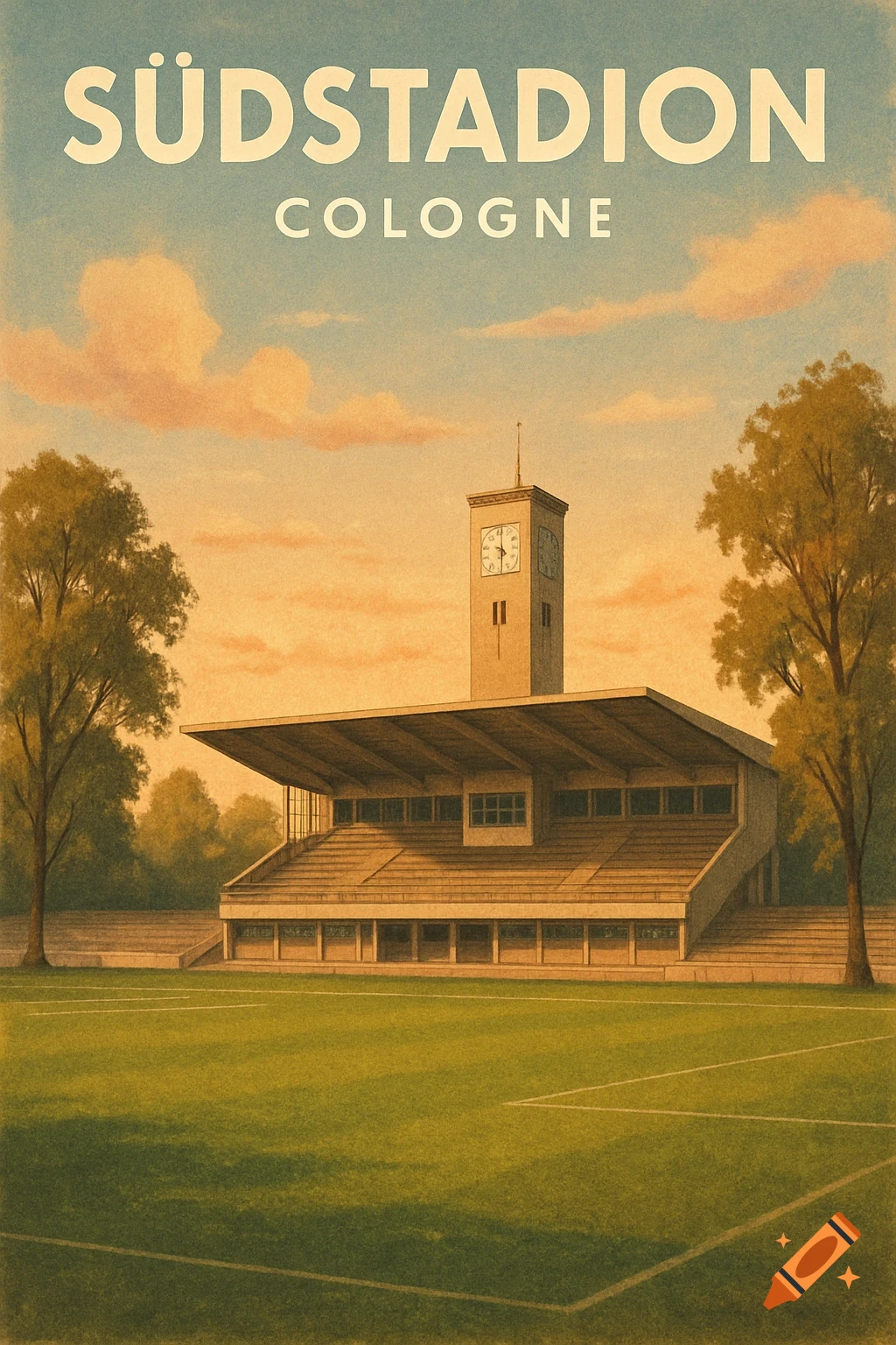 A vintage-style poster featuring a stadium with a clock tower and a green field, text reads 'SÜDSTADION COLOGNE'.