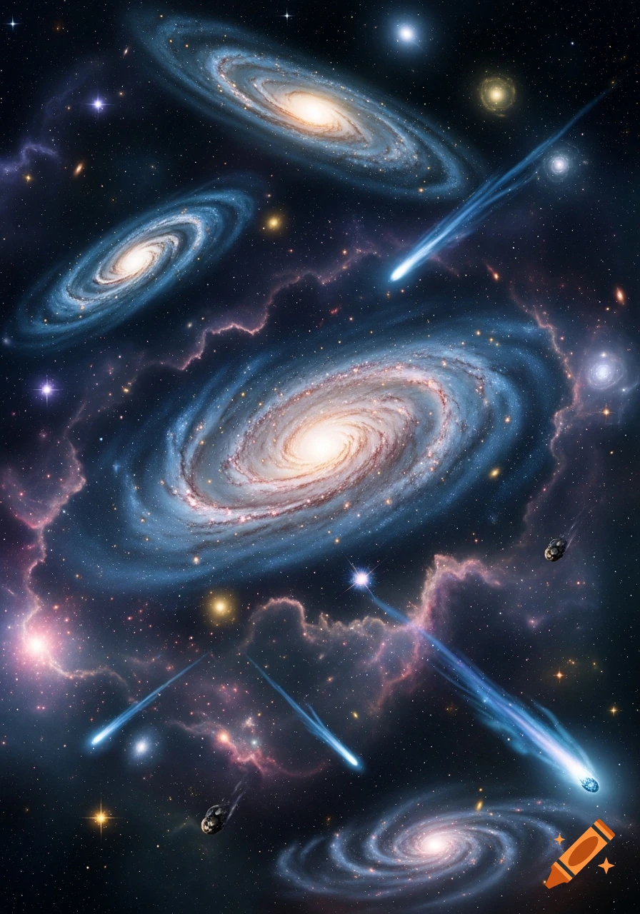 Multiple spiral galaxies, bright comets, and colorful nebulae in a vast, star-filled cosmic scene.